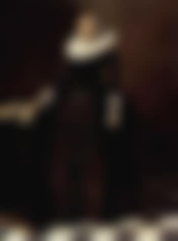 Portrait of lady standing in an interior, wearing a red satin dress (preview)