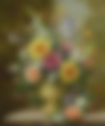 Still life of summer flowers, including dahlias, irises, foxgloves and other blooms (preview)
