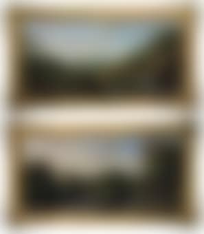A wooded river landscape with a man fishing in the foreground, a shepherd playing a flute beside a flock of sheep and a town beyond; and A wooded river landscape with fishermen in a boat, a ruined building beyond and figures crossing a bridge (preview)