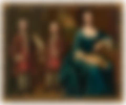 Group portrait of Letitia, Lady Sandys, née Tipping (1699-1779) with her two eldest sons, Edwin, later 2nd Baron Sandys (1726-1797), with a cockatoo in his left hand, and Cheke Sandys (1727-1737), in brown coats and breeches with red waistcoats (preview)